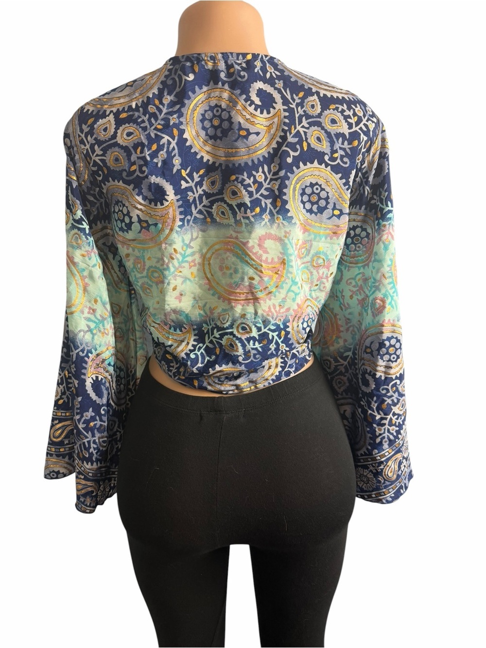 Tie Front Paisley Print Silk Blend Crop Top Blue Multi Belle Sleeves - Picture 7 of 10